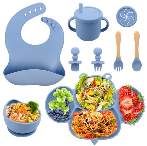 Coffret Repas Bebe,8 Pièces Assiette Ventouse pour Bébé Assiette Enfant avec Ventouse, Gobelet en Silicone, Cuillère, Fourchette, porte - Bébé, Gobelet à Boire,BPA Free,Bleu