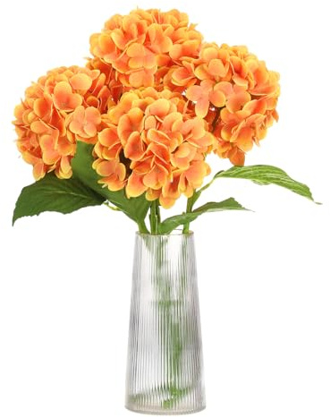 sourcing map Lot de 4 fleurs d'hortensia artificielles en latex - 47 cm - Toucher réaliste - Pour la maison, la cuisine, les fêtes, les mariages, la décoration - Orange