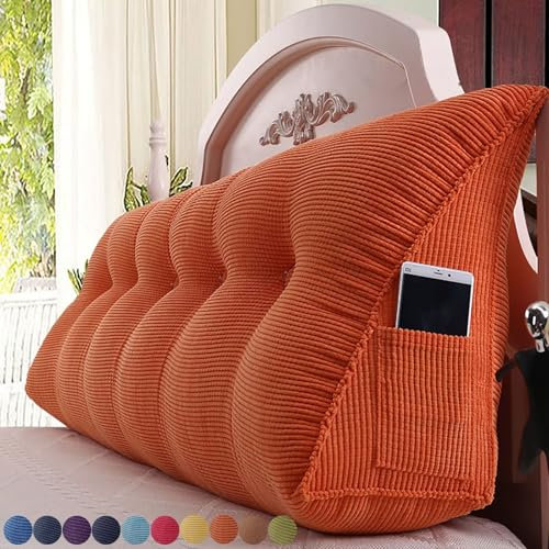 Bettkissen Rückenlehne 200cm Orange Rückenkissen Bett Rückenpolster für die Wand Groß Keil Kopfteil Kissen Cord Rückenstützkissen Lendenkissen mit Seitentasche Waschbar Dreieckige Keilki