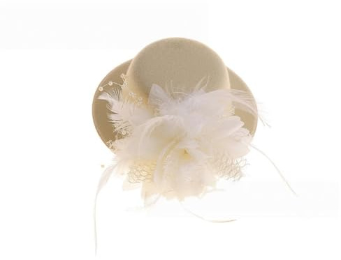 Wambere 1 Stück Mini-Hut mit Clip,Kleiner Hut Haarnadeln mit Federn Blumen,Fascinator Hüte Clip Haarspange Haar Haarpin Minizylinder für Mädchen Mottoparty Karneval Halloween Accessoire,Naturweiß