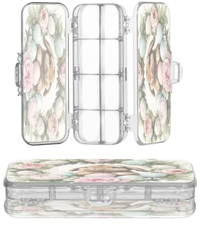 OWFKAY Pencil Case with Supplies Easter Eggs Bunny Plastic Clear Pencil Box Organizer Crayon Storage Box Double Layer Pen Holder for School