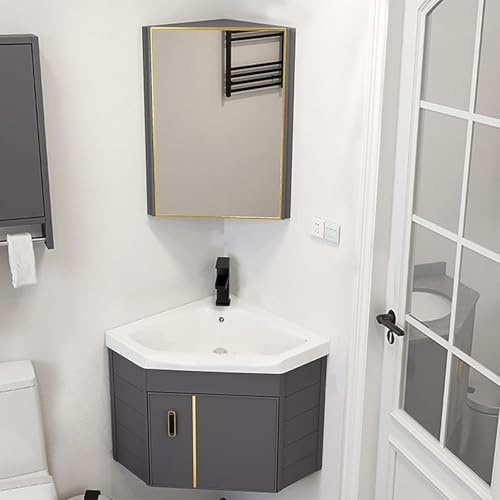 Badezimmer-waschtisch Mit Waschbecken, Kleines Eckwaschbecken Mit Wasserhahnloch Und Überlauf, Eck-waschtischschrank Mit Wasserhahn Und Spiegelschrank, Für Badezimmer, Balkon, One Color, 48cm/19in