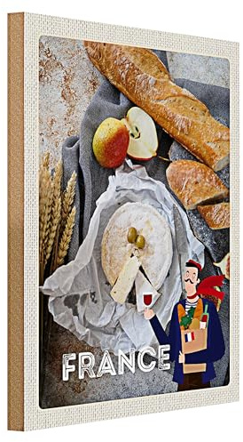 Plaque en Bois | France | Baguette, Fromage et Vin | 30 cm x 40 cm