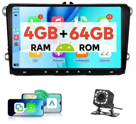 Epronic [4+64GB] Apple Carplay Autoradio für VW Bluetooth Auto Radio mit 9‘’ Bildschirm Navi FM Mirror Link EQ Wireless Android Auto Touch Display für Golf 5 6 Tiguan Touran Passat Caddy Polo