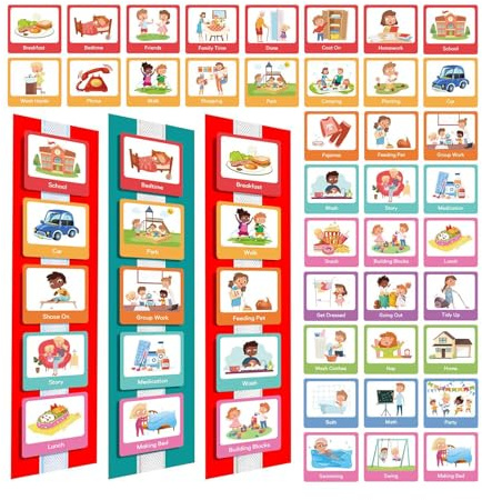 Lavagna visiva di routine – Agenda da sera per bambini, lavagna per il comportamento educativo, di comunicazione con 60 carte di immagine riutilizzabili per lo sviluppo cognitivo, ideale per