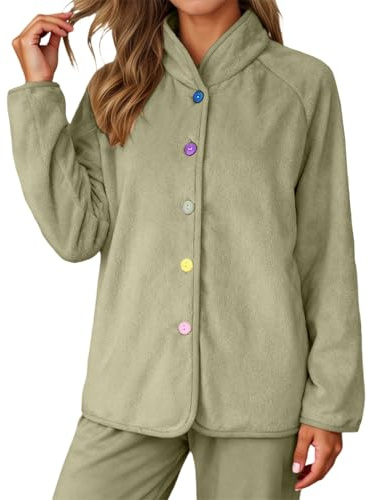 Foweknow Vestaglia da donna spessa camicia di flanella, pigiama invernale in peluche, biancheria da notte, comodo e morbido bottone, con colletto alto, in pile, basic tinta unita, verde, XL