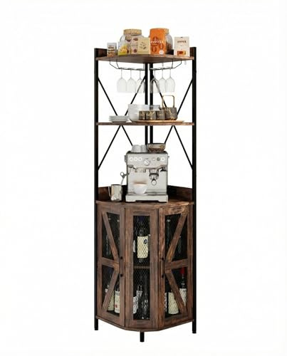 Zstar Armario De Vino Esquinero con Iluminación RGB, Estantes Ajustables y Portavasos, Almacenamiento para 12 Botellas, Diseño Multifuncional De Metal y Madera, Ideal para Hogar y Bar