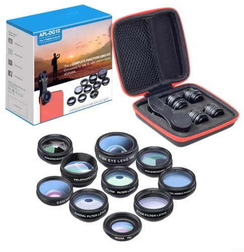 10-i-1 mobiltelefonobjektiv set med 198° fisheye, 0,63 x vidvinkel, 15 x och 2 x teleobjektiv, CPL och filter för smartphones upp till 13 mm