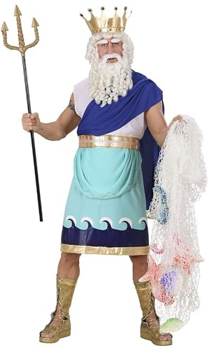 W WIDMANN MILANO Party Fashion - Poseidon Kostüm Herren, blaue Tunika mit Gürtel und Krone für Karneval, griechischer Gott