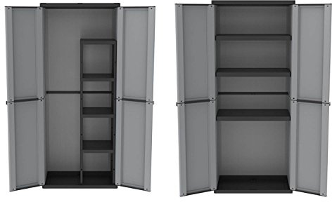 Vorteilspack: 2 Stück große Kunststoffschränke in neutraler Optik in Grau. Ein Spindschrank und ein Schrank mit Böden. Maße pro Schrank: 68 x 37,5 x 163,5 cm.