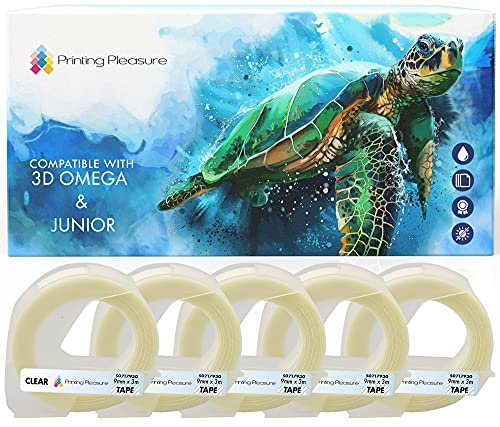 5er Pack Selbstklebenden Etiketten 3D weiß auf transparent Prägeband 9mm x 3m, Kunststoff, kompatibel für DYMO Omega und Junior Etikettenprägegerät