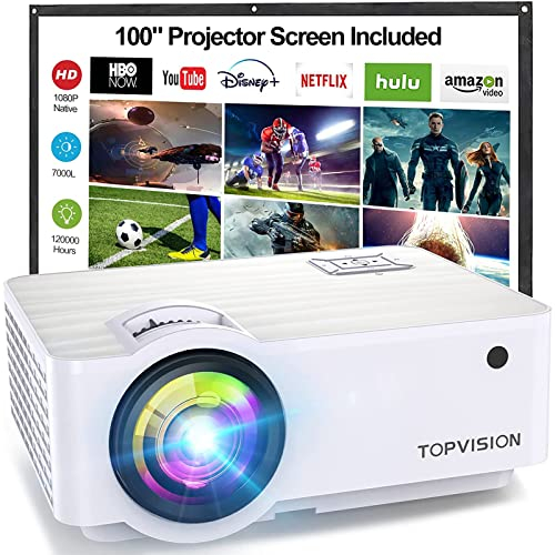 TOPVISION Mini Beamer, 7000 Lumen, 720P Heimkino Beamer, unterstützt 1080P Full HD, 240'' Display, 60.000 Stunden LED, weiß, HDMI/USB/SD/AV/VGA