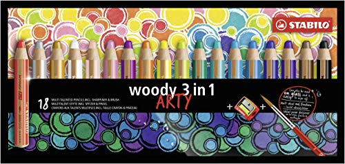 STABILO - Buntstift, Wasserfarbe & Wachsmalkreide - woody 3 in 1 - ARTY - 18er Pack mit Spitzer und Pinsel - mit 18 verschiedenen Farben