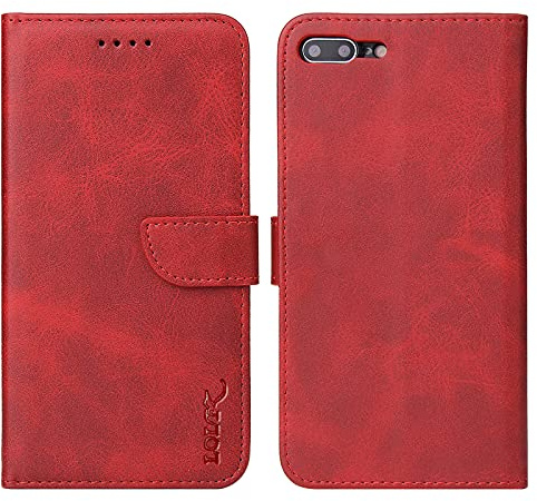 LOLFZ Wallet Case for iPhone 7 Plus 8 Plus, Vintage Leather Book Case with Card Holder Kickstand Magnetic Closure Flip Case Cover - Red