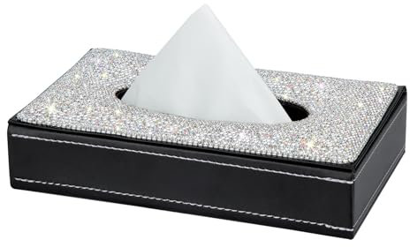 eing Rechteckige Taschentuchbox – dekorativer Taschentuchhalter mit glitzernden Kristalldiamanten und hergestellt aus hochwertigem Leder, perfekt für Auto, Büro, Zuhause – Silber