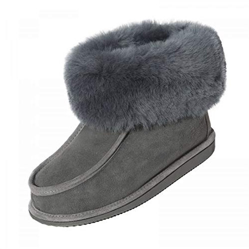 Hollert Damen & Herren Lammfell Hausschuhe Adam Fellschuhe aus Merino Schaffell Echtleder sehr warm und atmungsaktiv Schuhgröße 45, Farbe Grau