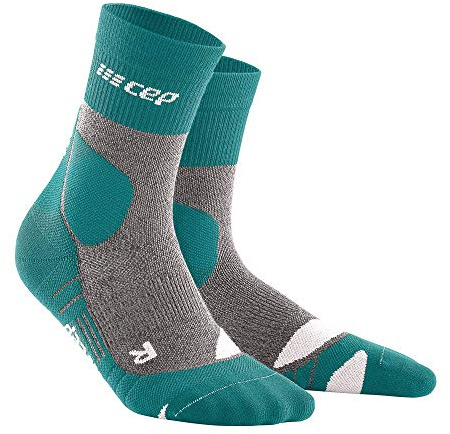 CEP – HIKING MERINO MID CUT SOCKS REDESIGN für Herren | Knöchellange Wandersocken mit Kompression in Forestgreen / Grey | Größe V