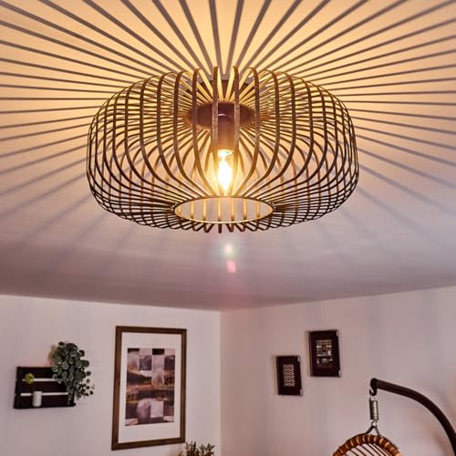 HOFSTEIN Deckenleuchte Wemude, runde Deckenlampe Wohnzimmer, Lampe Schlafzimmer, 1-flammig, E27-Fassung, Gitter-Optik, Retro-Leuchte, Metall Schwarz, Gold, Ø 40 cm, Modern, Vintage, Lichteffekt