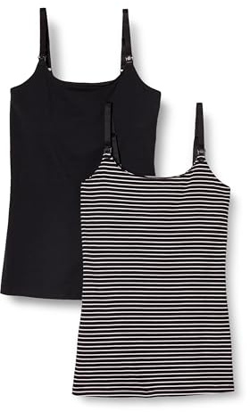 Amazon Essentials Women's Maternity Nursing Tops, Pregnancy Clothes with Adjustable Straps and Built-in Shelf Bra, Pack of 2, Black Stripe, Large