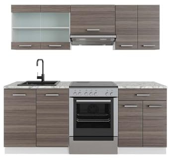 Vicco Küchenzeile R-Line, Küchenblock, Edelgrau/Weiß, 200 cm, AP Marmor