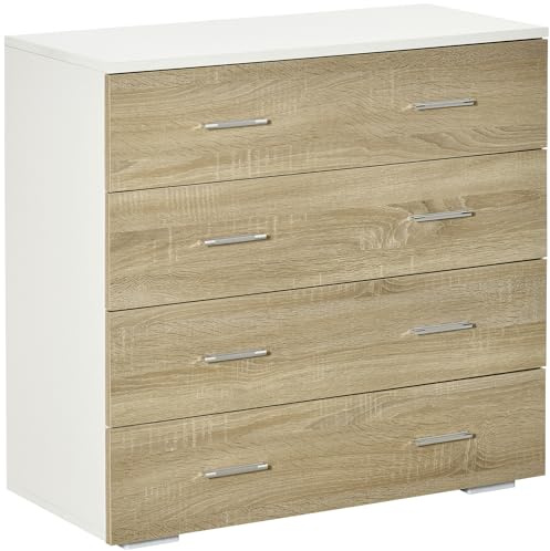 HOMCOM Cómoda 4 Cajones Cómoda Dormitorio 76x35x72 cm Roble/Blanco