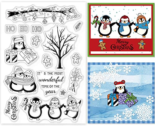 GLOBLELAND Christmas Penguin Clear Stamps for Crafting Merry Christmas Silicone Stamp Seals Snowmen Transparent Stamp for Card Making Decoration DIY Scrapbooking Journal Album