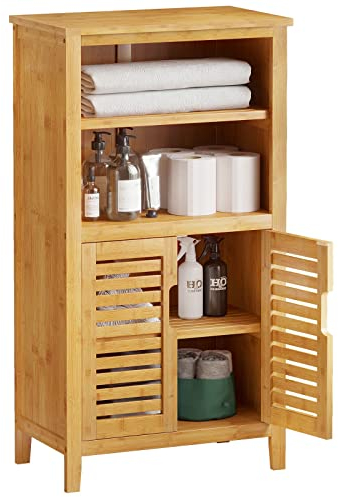 VIAGDO Badezimmerschrank Bambus, Badschrank mit 2 offenen Fächern und 2 Lamellentüren, Küchenschrank, multifunktional Schrank für Badezimmer, Wohnzimmer, Küche, Flur, 50 x 92,3 x 29 cm (B x H x T)