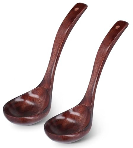 2PCS Wooden Spoon Ladle for Soup, Kitchen Long Handle Ladle Cooking Serving Spoon Wooden Porridge Spoon with Hanging Hole for Home Restaurant Kitchen and Catering (L)