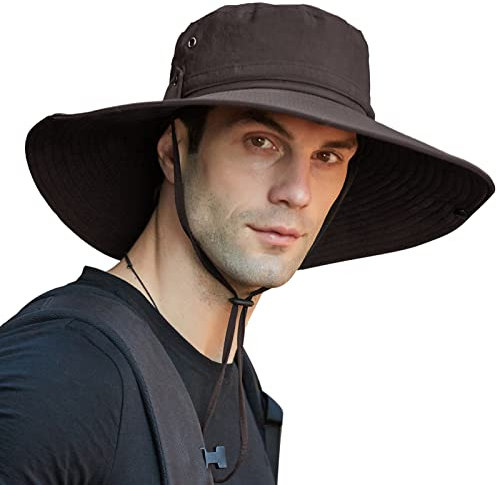 Panegy Herren Sonnenhut Sommer Fischerhut Breiter Krempe Arbeit UV-Schutz Buschhut Gartenhut mit Kordelzug - C-Braun