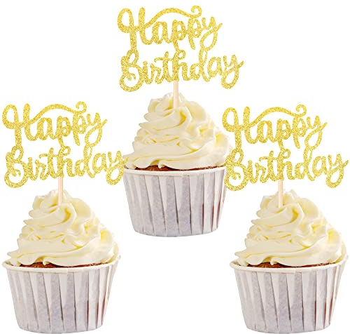 SYKYCTCY 36 Pack Happy Birthday Cupcake Toppers Glitter Celebrating Cupcake Picks Baby Shower Kids Anniversary Party Cake Decorations Supplies Gold