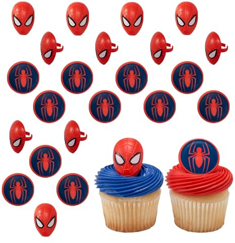 DecoPac Marvel's Spider-Man™ Spider and Mask Rings, Spider-Man Cupcake Decorations, Red and Blue Food Safe Cake Toppers – 24 Pack