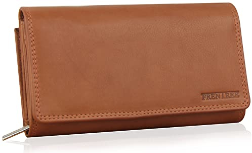 Frentree® Damen Geldbörse aus echtem Nappaleder, großes Leder Portemonnaie mit RFID-Schutz, weiches Echtleder Portmonee, viele Fächer, Braun