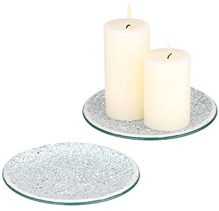 BSTKEY Set of 2 Mosaic Glass Candle Plates, Decorative 15CM Round Candle Plate Holder Pillar Candle Holder, Tealight Candle Mat Cup Plate Coasters (Silver)