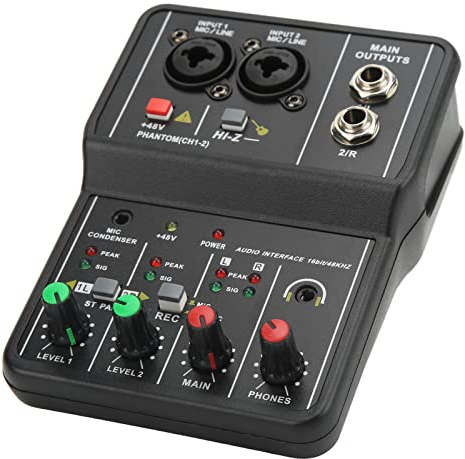Table de Mixage Audio 2 Canaux, Carte Son Professionnelle USB 48V Alimentation Fantôme Petite Console de Mixage Sonore Mixage DJ, pour Enregistrement de Musique Maison Karaoké DJ
