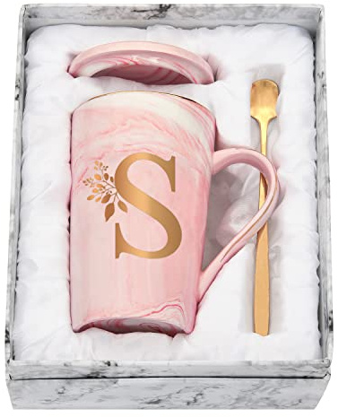 Joymaking Personalisierte Tasse mit Buchstaben Kaffeetasse mit Blumen Motiv, Namen Initiale persönliche Geschenke Kaffeetasse für Frauen Freundin, S - 400ml Rosa