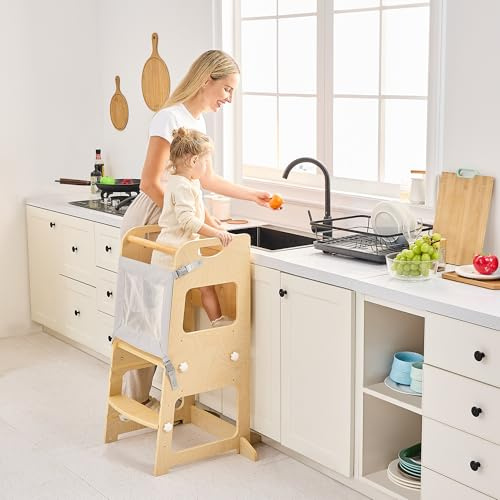 Bateso Basic Kleinkindturm für Kinder von 1–3 Jahren, Verstellbarer Stehturm aus Holz für Kleinkinder mit abnehmbaren Netzen und Stützfüßen, Tritthocker für die Küche mit Anti-Rutsch-Matten