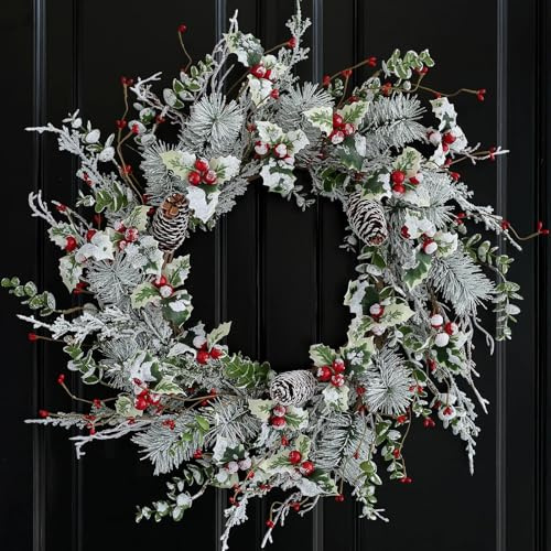 Hometrance Winter Christmas Wreaths for Front Door 20 Inches, Faux Xmas White Red Wreath for Window Outdoor Outside, Artificial Farmhouse Holiday Modern Wreath for Indoor Porch Decor