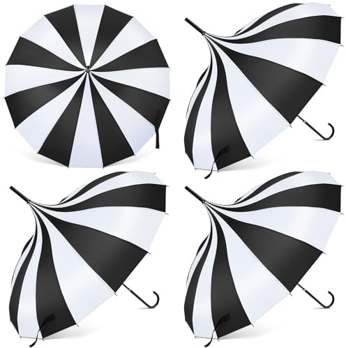 Abbylike 4 Pcs Parasol Pagoda Umbrella Large Gothic Parasol for Sun Protection Women Black and White Goth Umbrella with Long Handle for UV Protection(Black and White Stripe)