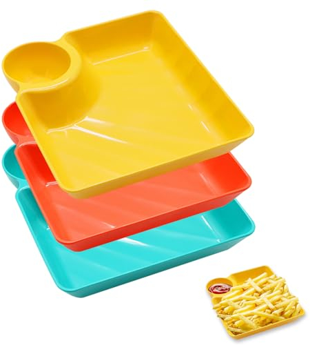 ICEBLUEOR 3 PCS Chip and Dip Serving Platter Set,Plastic Square Plates with Sauce Holder,Reusable Snack Dumpling Plates with Dip Bowl,Serving Trays Platters for Home Party Entertaining Buffet(7 Inch)