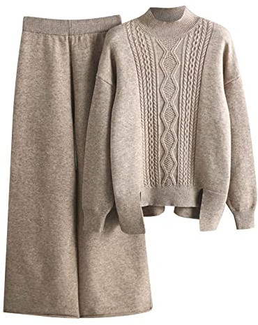 Femme 2 Pcs Pull Ensemble Tricoté Hiver Sweater Top en Maille Sweatshirt Chaud Chandail Sport Pantalon Jambe Large Hiver Ensemble Sportswear Mode Tenue Sport 2 Pièces