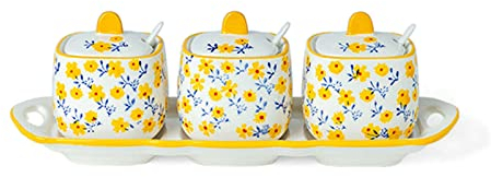 UNbit Azucarero de patrón Dibujado a Mano con Tapa, azucarero de cerámica con Forma de Taza de té, Accesorios de café, vertedor de azúcar, Almacenamiento de Cocina-Rojo-uno (Color : Giallo, Size : 3