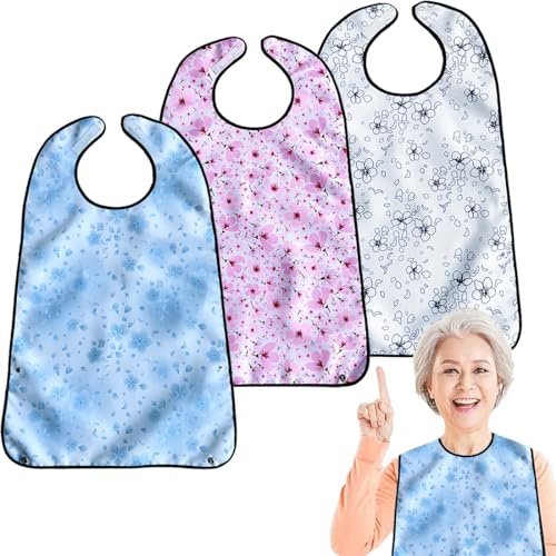 VOPHIA Lot de 3 bavoirs lavables et imperméables pour femme avec attrape-miettes en option Motif fleurs de cerisier