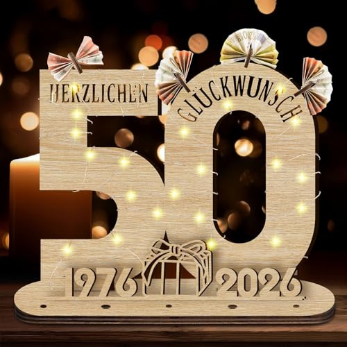 Idota 2026 50 Geburtstag Frau Holz-Schild mit LED Gästebuch Geburtstag Geldgeschenke Geburtstag Männer & Frauen, Geburtstag Deko 50 Geburtstag Mann Deko, Personalisierbares Geschenk