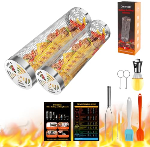 Grill Basket 2 PCS, Rolling Grill Baskets for Outdoor Grill, Grilling Accessories, Stainless Steel BBQ Net Tube Baskets with Oil Sprayer for Veggies, Shrimp, Grilling Gifts for Men