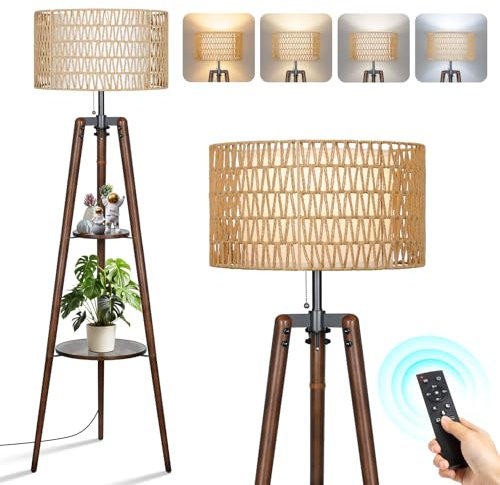 OUTON LED Stehlampe Dimmbar Dreibein Holz mit Regal,Fernbedienung,4 Farbtemperatur,1 Stunde Timerfunktion,Stativ Stehleuchte mit zwei Lampenschirmen,geeignet für Wohnzimmer, Schlafzimmer(Walnussfarbe)