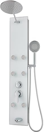 ROVOGO Duschpaneel mit Armatur Glas, Duschpaneele mit 6 Massagedüsen, Regendusche und 5 Modi Handbrause, Duschsäule Edelstahl mit Höhenverstellbar Duscharm/Duschkopf, Gebürstet