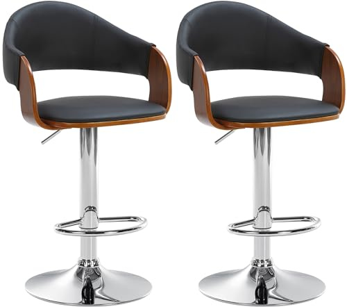 CLP Lot de 2 tabourets de Bar Nilse Similicuir I Chaise de Bar avec Coque en Bois I Structure métallique réglable en Hauteur, Couleur:Noyer/Noir, Matériel du Cadre:Métal en Finition chromée