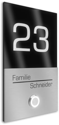 Graviers Design V2A campanello in acciaio inox con incisione del numero civico - 110x180mm Targhetta per campanello a pulsante LED dal design moderno in acciaio inox acrilico nero