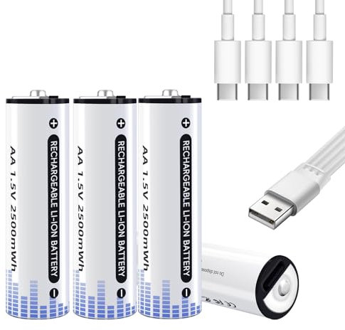 AA Akkus Lithium 1,5 V USB Wiederaufladbare 4 Stück,Batterie Lithium AA Akkus mit 4 in 1 Typ C Ladekabel, Li-Ion Wiederaufladbare Batterien AA,Ideal für Spielkonsolen, Spielzeug, Taschenlampen