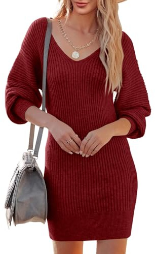Saodimallsu Strickkleid Damen V-Ausschnitt Pulloverkleid Langarm Pullover Elegant Minikleid Sweater Freizeitkleider Tunika Pullikleid Strickpullover Kleid für Herbst Winter Weinrot XL